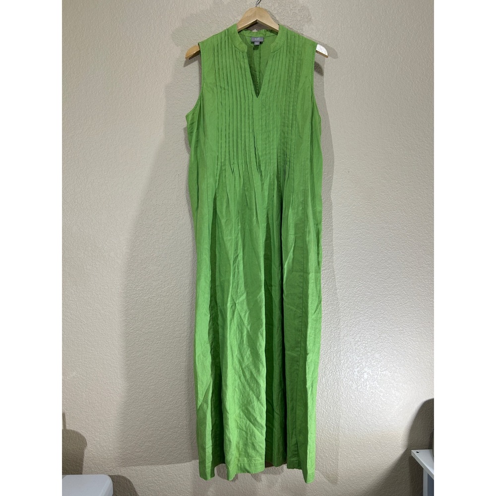 J. Jill Large Linen Pintuck Maxi Dress Lime Green Sleeveless V-Neck Summer